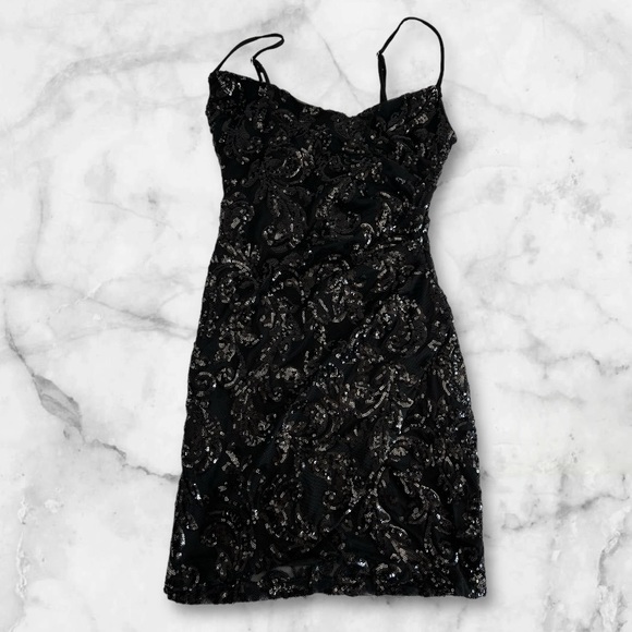 Windsor Black Sequin Mini Dress with Side Slit Spaghetti Strap Sz: XS - Picture 3 of 12
